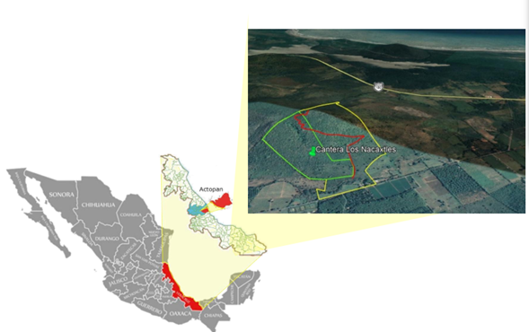 Localización de la Mina Los Nacaxtles en Actopan, Veracruz
